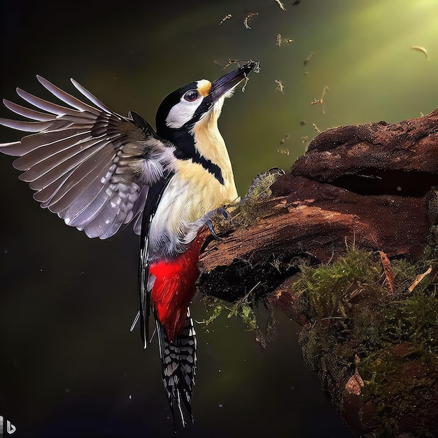 Een vogel met een rood-witte staart landt op een boomstronk.