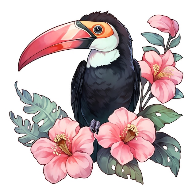 Een vogel met een toekan op een tak met bloemen.