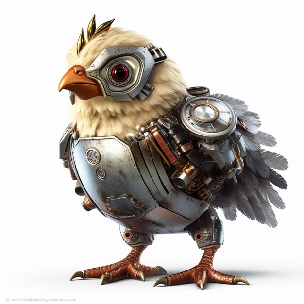 Een vogel met een vogel erop draagt een robothelm.