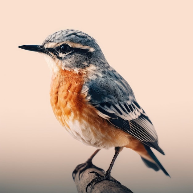 Een vogel met een zwart-oranje kop en witte borst zit op een tak.