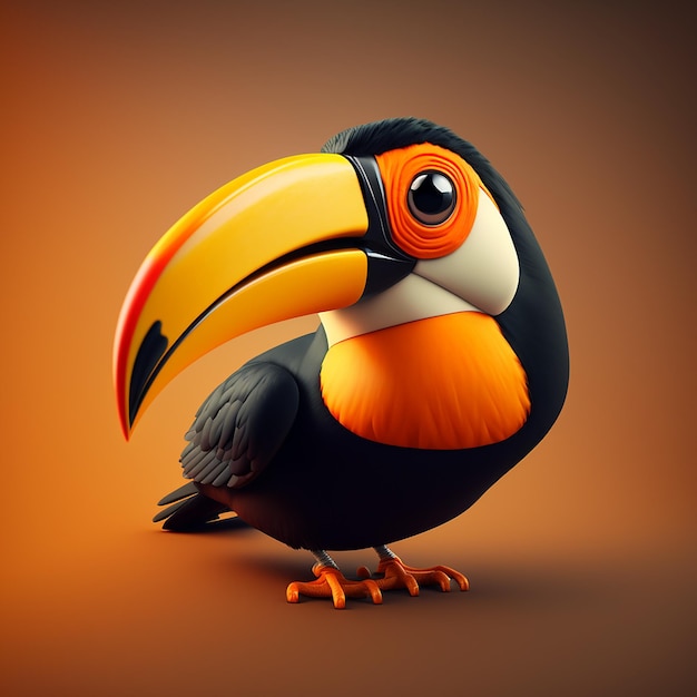 Een vogel met een zwart-oranje snavel en oranje ogen staat op een bruine achtergrond.