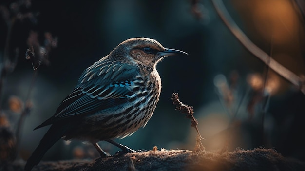 Een vogel met een zwart-wit gezicht zit op een tak.