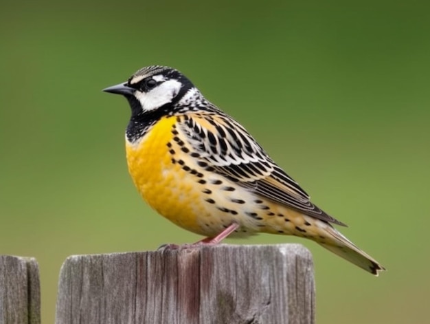 Een vogel met gele en zwarte veren zit op een houten paal.