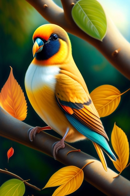 Een vogel met gele veren en blauwe ogen zit op een tak.