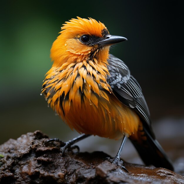 een vogel met gele veren en een zwarte en oranje vogel met een groene achtergrond