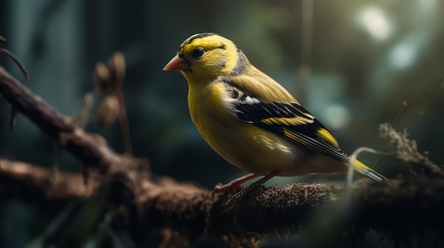 Een vogel met gele veren en zwarte strepen zit op een tak.