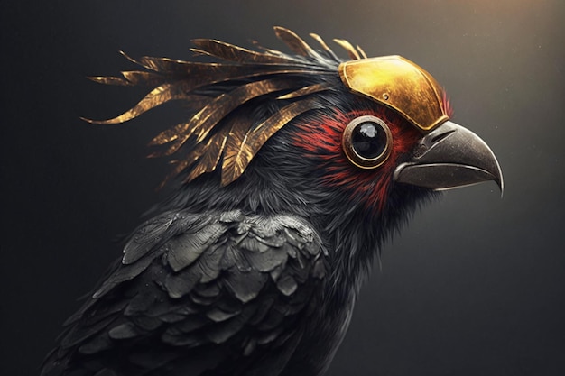 Een vogel met gouden veren en een gouden kop krijgt een esthetisch kunstlandschap te zien