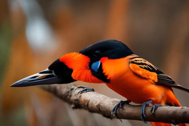 Een vogel met heldere oranje veren en een zwarte kop die zegt 'de vogel is een vogel' 4888
