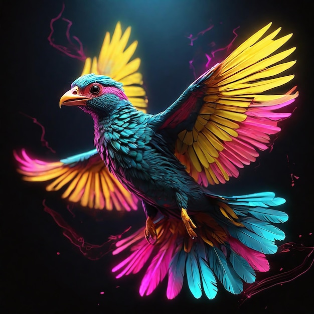 een vogel met opwindende veren die gloeien in levendige tinten van neon geel roze en turquoise