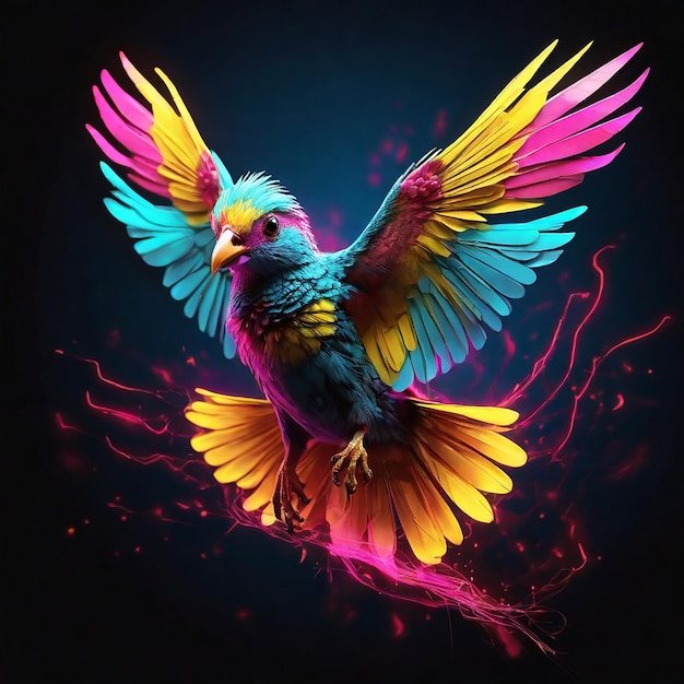 een vogel met opwindende veren die gloeien in levendige tinten van neon geel roze en turquoise