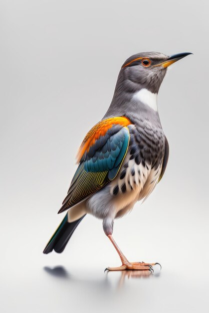 Een vogel met oranje en blauwe veren zit op een houten paal geïsoleerd op een witte achtergrond