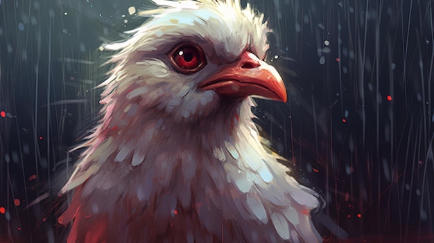 Een vogel met rode ogen zit in de regen