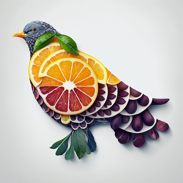 Een vogel met sinaasappels en druivenbladeren wordt gemaakt door fruit.