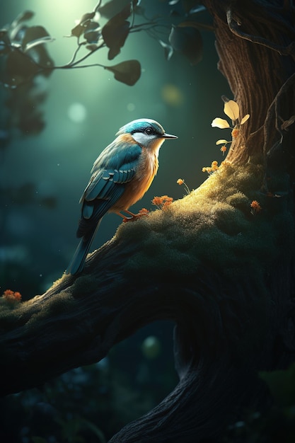 Een vogel op een boomtak in het donker