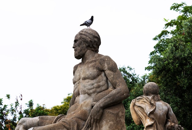 Een vogel op een standbeeld van een man