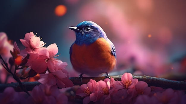 een vogel op een tak die bedekt is met roze bloemen