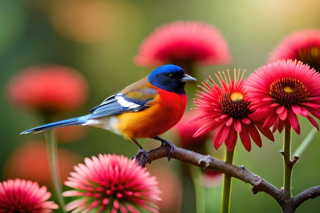 Een vogel op een tak met een bloem op de achtergrond