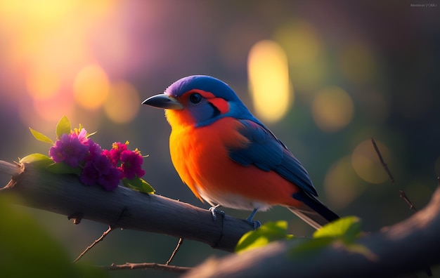 Een vogel op een tak met een paarse bloem op de achtergrond