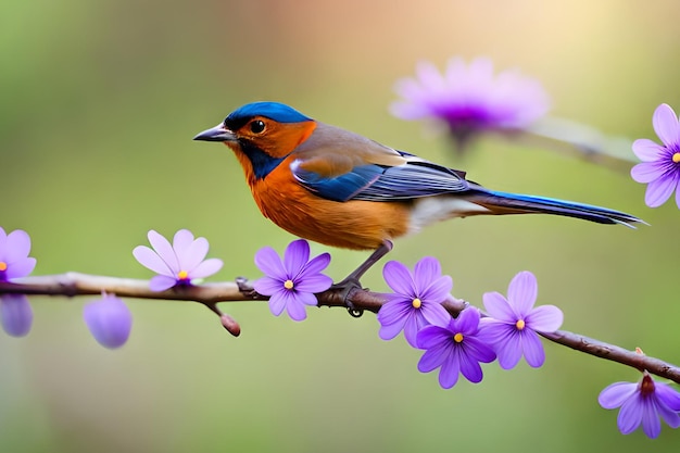 Een vogel op een tak met paarse bloemen