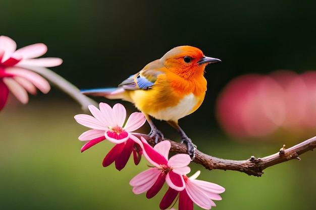 Een vogel op een tak met roze bloemen