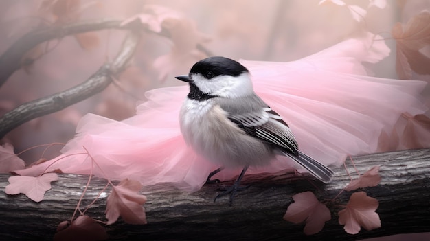 Een vogel op een tak met roze bloemen