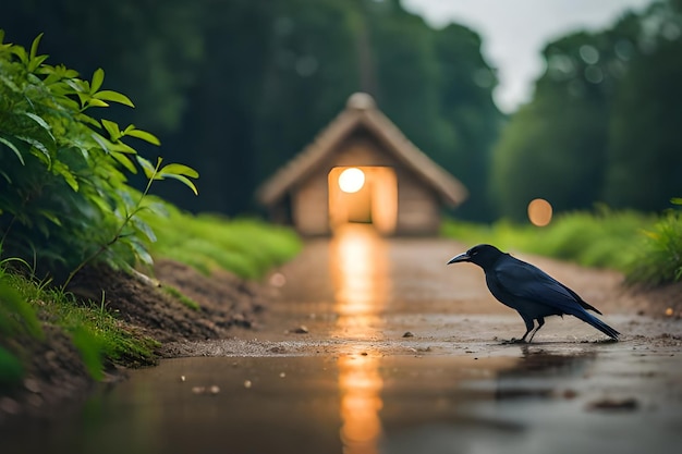 Een vogel staat in de regen voor een gebouw met een bordje waarop staat 'de kraai'