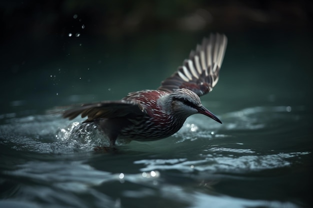 Een vogel stijgt op in het water