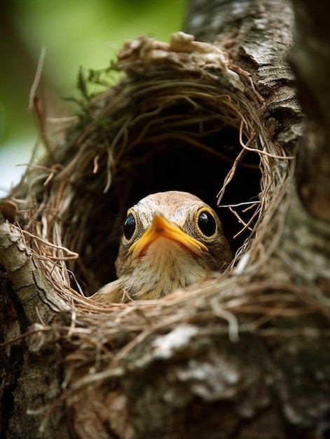 Een vogel zit in een nest met zijn ogen wijd open.