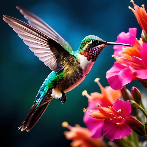 een vogel zit op een bloem met zijn snavel ai gegenereerd