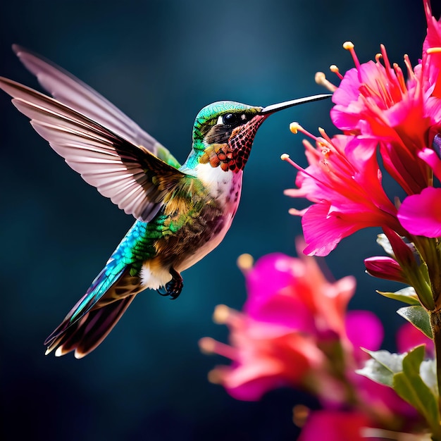 een vogel zit op een bloem met zijn snavel ai gegenereerd