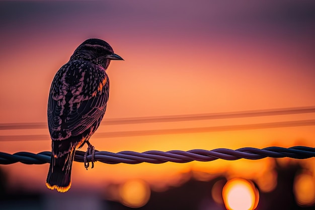 Een vogel zit op een elektriciteitskabel met daarachter de ondergaande zon