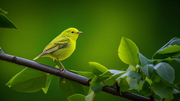 Een vogel zit op een groen blad met een kleurrijke achtergrond.