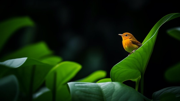 Een vogel zit op een groen blad met een kleurrijke achtergrond.