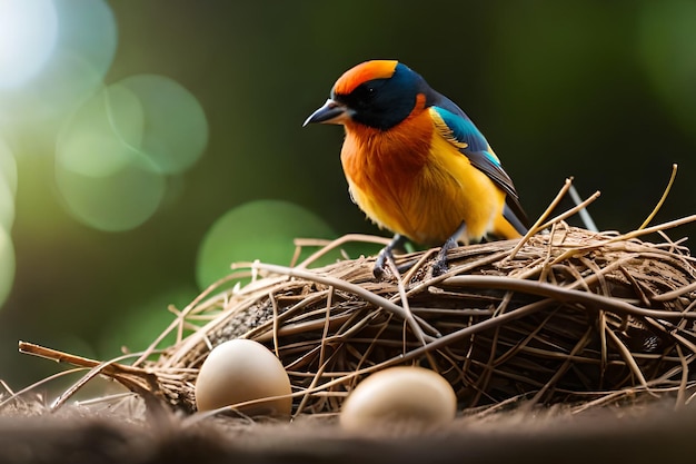 Een vogel zit op een nest met eieren erop