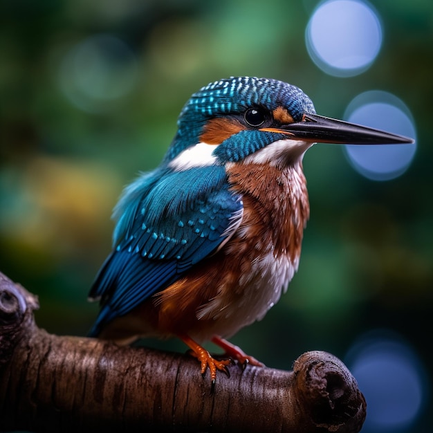 Een vogel zit op een tak met de blauwe en oranje veren.