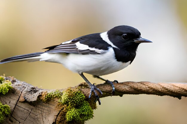 Een vogel zit op een tak met een groen mos erop.