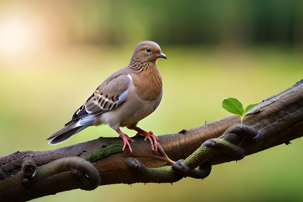 Een vogel zit op een tak met een groene achtergrond.