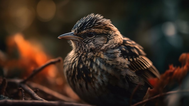 Een vogel zit op een tak met op de achtergrond een vuurtje.