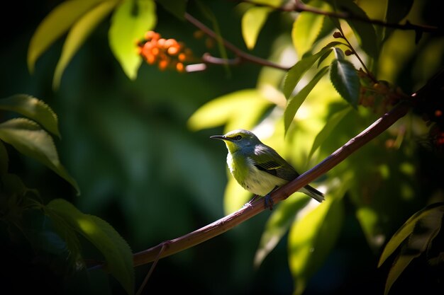 Een vogel zit op een tak met op de voorgrond een gele bloem.