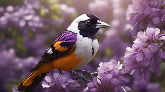 een vogel zit op een tak met paarse bloemen op de achtergrond