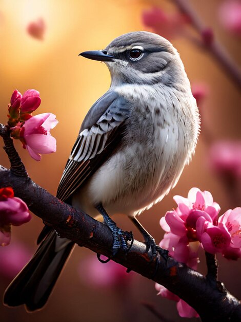 een vogel zit op een tak met roze bloemen