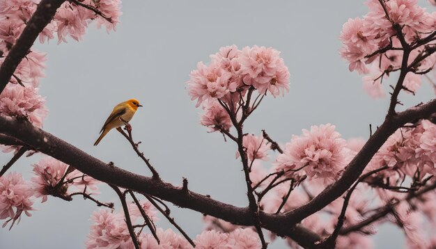 een vogel zit op een tak met roze bloemen