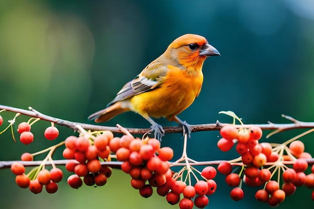 Foto een vogel zit op een tak van een boom met rode bessen.