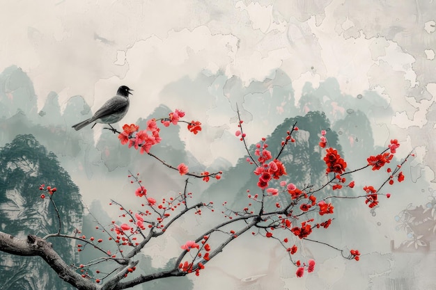 Een vogel zit op een tak van een boom met rode bloemen