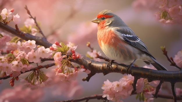 Een vogel zit op een tak van kersenbloesems.
