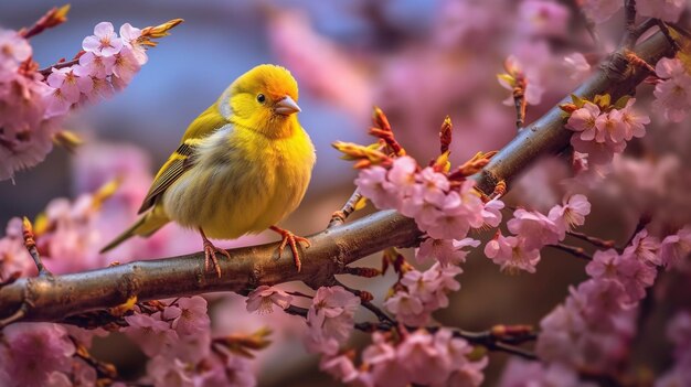 Een vogel zit op een tak van kersenbloesems.