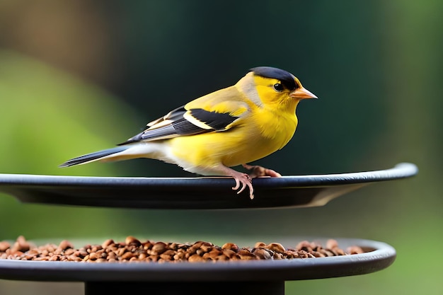 Een vogel zit op een vogelvoeder met een groene achtergrond.