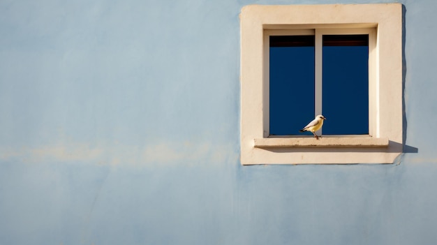 een vogel zittend op een vensterbank in een blauw gebouw