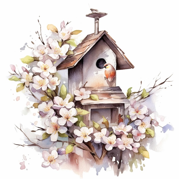 Een vogelhuisje met bloemen en een vogel erop