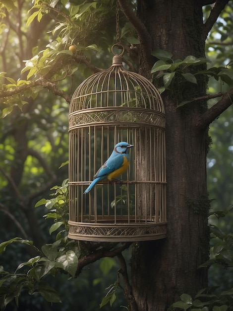 Een vogelkooi in een boom met een vogel erin terwijl de kooi deur open was